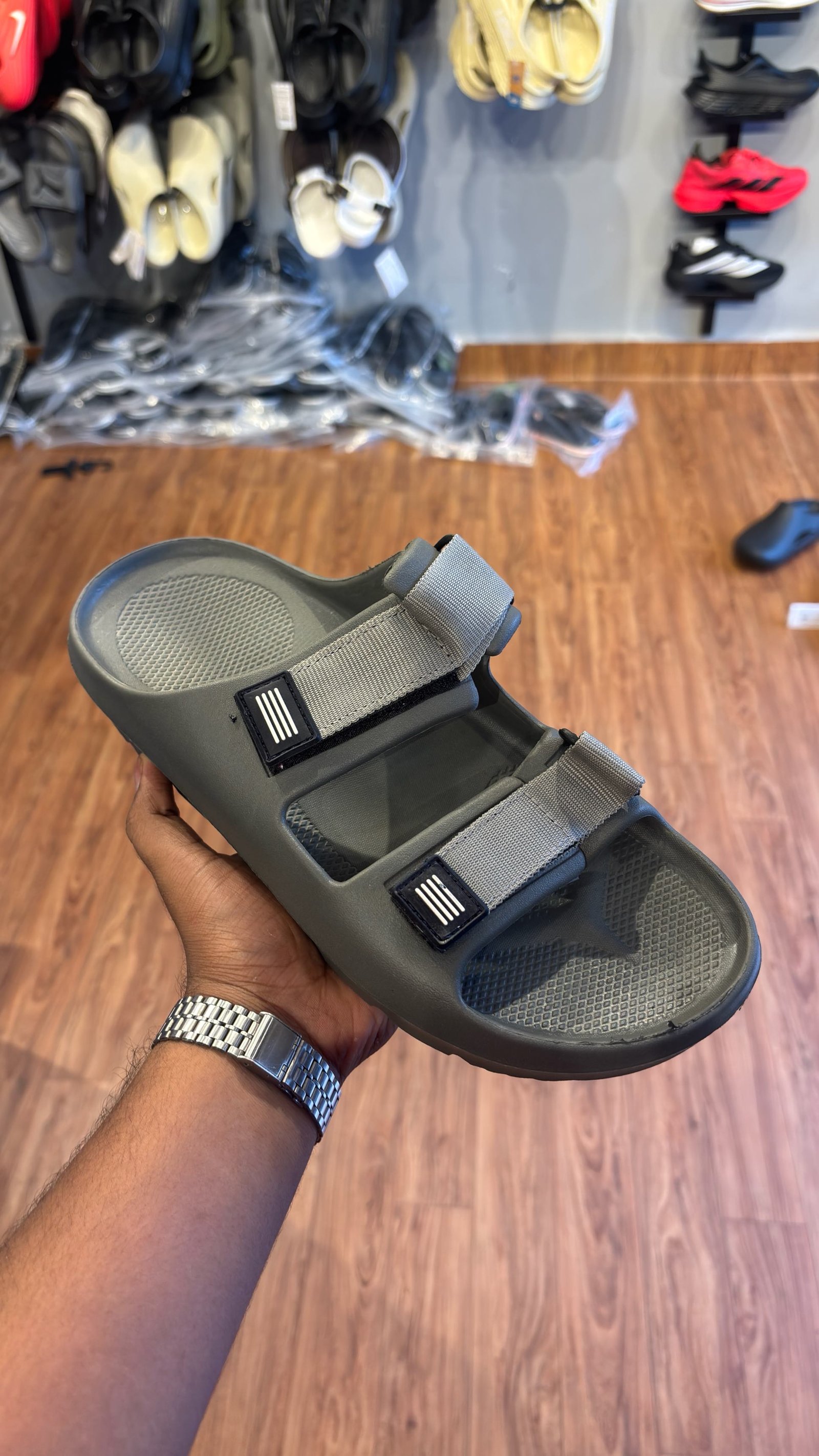 Grey Double Strap Slide Sandals for Men