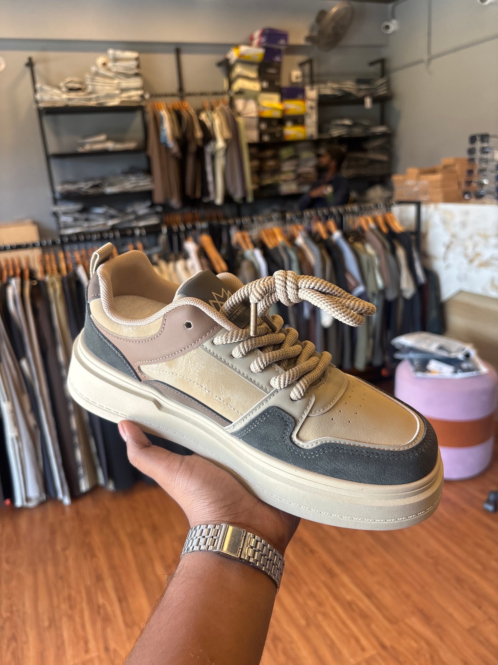 Beige and Grey Leather Casual Sneakers for Men